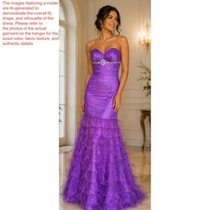 Juliet Purple Strapless Mermaid Prom Dress Rhinestone Ruffle Gown NWT Small